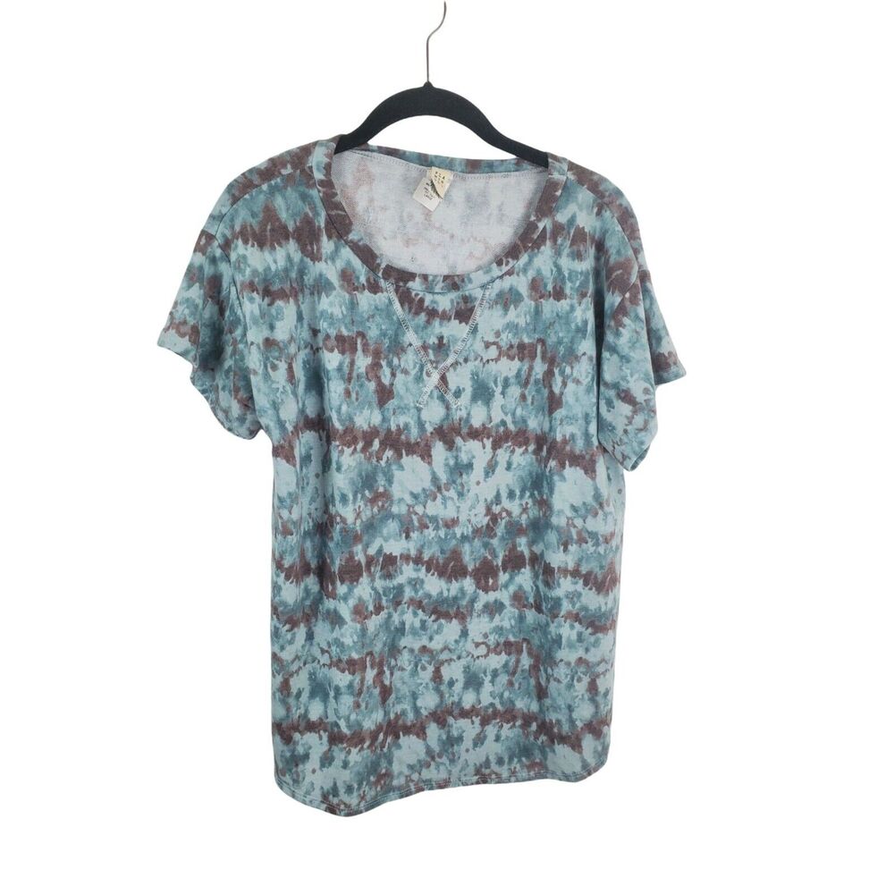 Flamingo Top Womens Large Blue Grey Short Sleeve Crew Neck Tie Dye Look Casual T